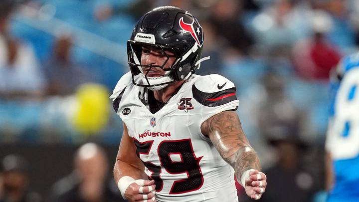 Aug 28, 2026; Charlotte, North Carolina, USA; Houston Texans linebacker Aiden Fisher (59) before a play during the first half against the Carolina Panthers at Bank of America Stadium. Mandatory Credit: Jim Dedmon-Imagn Images Aug 28, 2026; Charlotte, North Carolina, USA; Houston Texans linebacker Aiden Fisher (59) before a play during the first half against the Carolina Panthers at Bank of America Stadium. Mandatory Credit: Jim Dedmon-Imagn Images