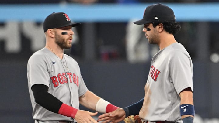 Apr 27, 2026; Toronto, Ontario, CAN; Boston Red Sox shortstop Trevor Story (10, left) and second baseman Marcelo Mayer (11) celebrate after a win over the Toronto Blue Jays at Rogers Centre. Mandatory Credit: Dan Hamilton-Imagn Images Apr 27, 2026; Toronto, Ontario, CAN; Boston Red Sox shortstop Trevor Story (10, left) and second baseman Marcelo Mayer (11) celebrate after a win over the Toronto Blue Jays at Rogers Centre. Mandatory Credit: Dan Hamilton-Imagn Images
