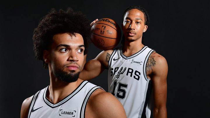 June 25, 2026; San Antonio, Texas, USA; San Antonio Spurs guard Ja'Kobi Gillespie (17) and forward Maliq Brown (15) pose for photos in their new jerseys at Victory Capital Performance Center. June 25, 2026; San Antonio, Texas, USA; San Antonio Spurs guard Ja'Kobi Gillespie (17) and forward Maliq Brown (15) pose for photos in their new jerseys at Victory Capital Performance Center.