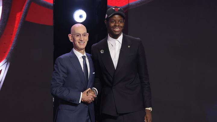 Jun 23, 2026; New York, NY, USA; NBA commissioner Adam Silver greets the fourth pick in the 2026 NBA draft, North Carolina forward Caleb Wilson after he was selected by the Chicago Bulls at Barclays Center. Mandatory Credit: Brad Penner-Imagn Images Jun 23, 2026; New York, NY, USA; NBA commissioner Adam Silver greets the fourth pick in the 2026 NBA draft, North Carolina forward Caleb Wilson after he was selected by the Chicago Bulls at Barclays Center. Mandatory Credit: Brad Penner-Imagn Images