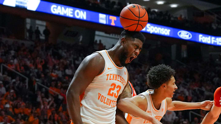 Tennessee forward Jaylen Carey (23) celebrates making a basket as the ball bounces on his head during a NCAA basketball game between the Tennessee Volunteers and Auburn Tigers at Thompson-Boling Arena at Food City Center in Knoxville, Tenn., on Jan. 31, 2026.