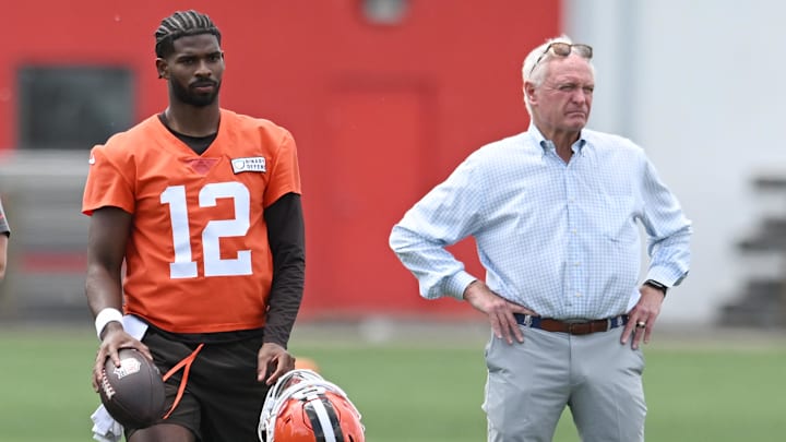 Jun 10, 2025; Berea, OH, USA; Cleveland Browns quarterback Shedeur Sanders (12) and managing and principal partner Jimmy Haslam watch a play during minicamp at CrossCountry Mortgage Campus. Mandatory Credit: Ken Blaze-Imagn Images