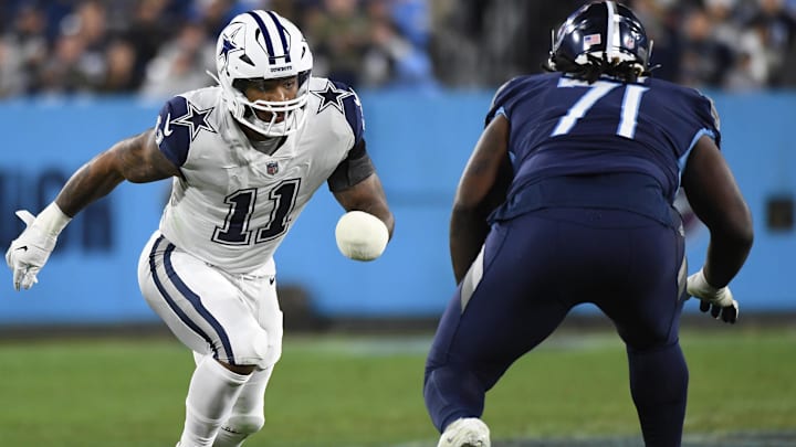 Dec 29, 2022; Nashville, Tennessee, USA; Dallas Cowboys linebacker Micah Parsons (11) works against