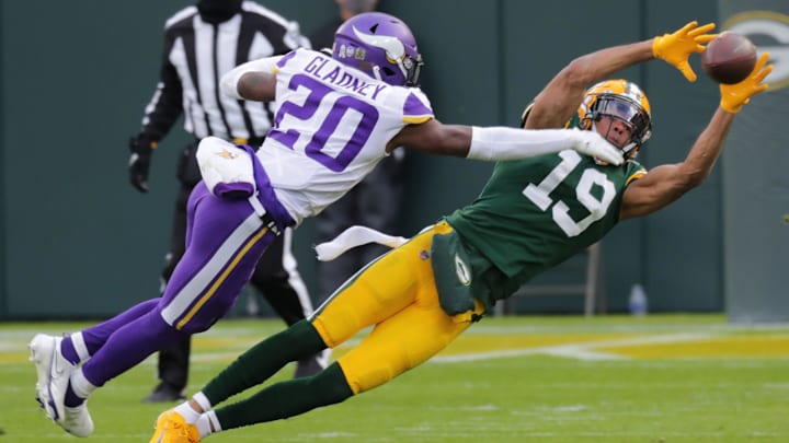 Green Bay Packers wide receiver Equanimeous St. Brown (19)is unable to hang on to a third down reception while being covered by Minnesota Vikings cornerback Jeff Gladney (20) during the third quarter of their game Sunday, November 1, 2020 at Lambeau Field in Green Bay, Wis.