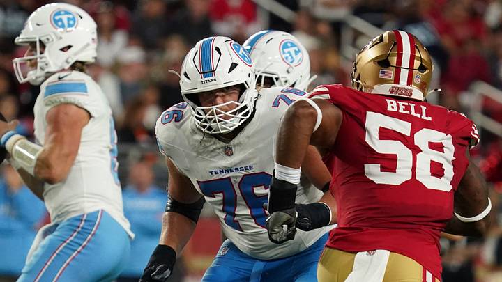 Aug 13, 2026; Santa Clara, California, USA; Tennessee Titans offensive tackle Austin Deculus (76) blocks San Francisco 49ers defensive end Quinton Bell (58) in the third quarter at Levi's Stadium. Mandatory Credit: David Gonzales-Imagn Images Aug 13, 2026; Santa Clara, California, USA; Tennessee Titans offensive tackle Austin Deculus (76) blocks San Francisco 49ers defensive end Quinton Bell (58) in the third quarter at Levi's Stadium. Mandatory Credit: David Gonzales-Imagn Images