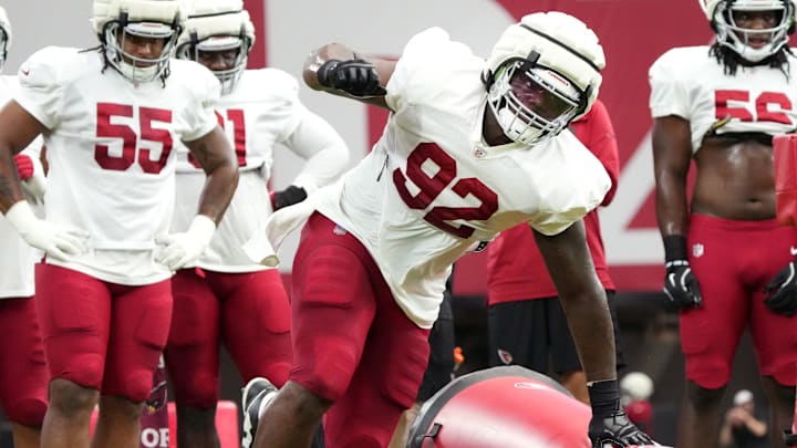 Arizona Cardinals defensive lineman Bilal Nichols (92) works through a drill during training camp at State Farm Stadium in Glendale, Ariz., on Monday, July 29, 2024. Arizona Cardinals defensive lineman Bilal Nichols (92) works through a drill during training camp at State Farm Stadium in Glendale, Ariz., on Monday, July 29, 2024.