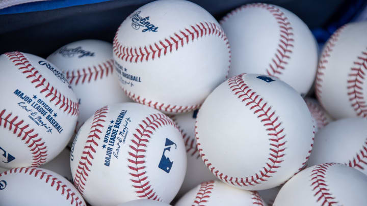Jul 7, 2023; Detroit, Michigan, USA; A bag of baseballs sits in the Toronto Blue Jays dugout before Jul 7, 2023; Detroit, Michigan, USA; A bag of baseballs sits in the Toronto Blue Jays dugout before