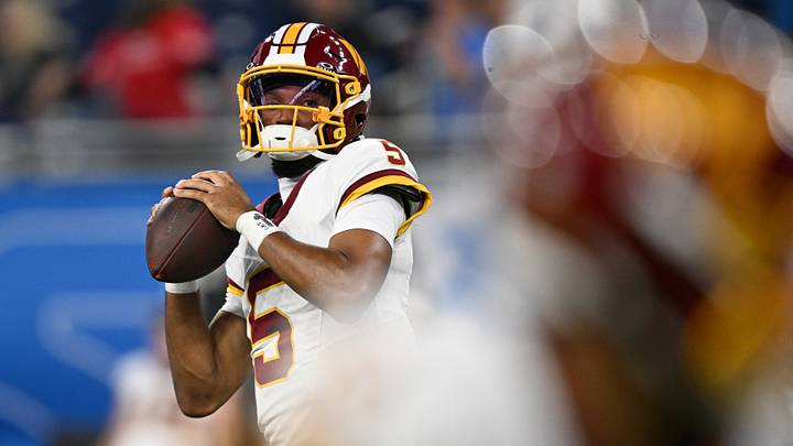 Aug 22, 2026; Detroit, Michigan, USA; Washington Commanders quarterback Jayden Daniels (5) throws passes during pregame warmups before their preseason game against the Detroit Lions at Ford Field. Mandatory Credit: Lon Horwedel-Imagn Images Aug 22, 2026; Detroit, Michigan, USA; Washington Commanders quarterback Jayden Daniels (5) throws passes during pregame warmups before their preseason game against the Detroit Lions at Ford Field. Mandatory Credit: Lon Horwedel-Imagn Images