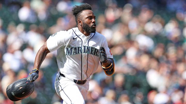 Sep 9, 2026; Seattle, Washington, USA;  Seattle Mariners left fielder Randy Arozarena (56) runs towards first base after hitting a double against the Texas Rangers in the third inning at T-Mobile Park.  Mandatory Credit: Richard Dizon-Imagn Images