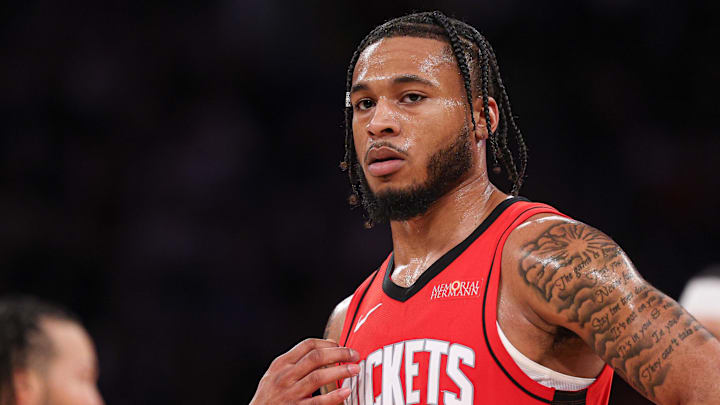 Feb 3, 2025; New York, New York, USA; Houston Rockets forward Cam Whitmore (7) looks on during the second half against the New York Knicks at Madison Square Garden. Mandatory Credit: Vincent Carchietta-Imagn Images