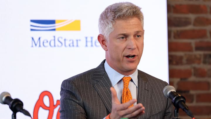 Nov 4, 2025; Baltimore, MD, USA; President of Baseball Operations Mike Elias introduces Craig Albernaz as the Baltimore Orioles new Manager at Warehouse Bar. Mandatory Credit: Daniel Kucin Jr.-Imagn Images Nov 4, 2025; Baltimore, MD, USA; President of Baseball Operations Mike Elias introduces Craig Albernaz as the Baltimore Orioles new Manager at Warehouse Bar. Mandatory Credit: Daniel Kucin Jr.-Imagn Images