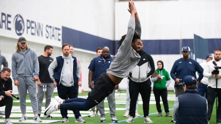 Former Penn State defensive end Amin Vanover tests for the broad jump during Penn State's Pro Day in Holuba Hall. 