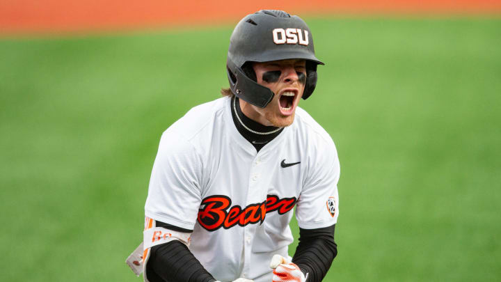 Oregon State's Travis Bazzana celebrates after hitting the team's second solo home run during an NCAA college baseball game against Oregon.
