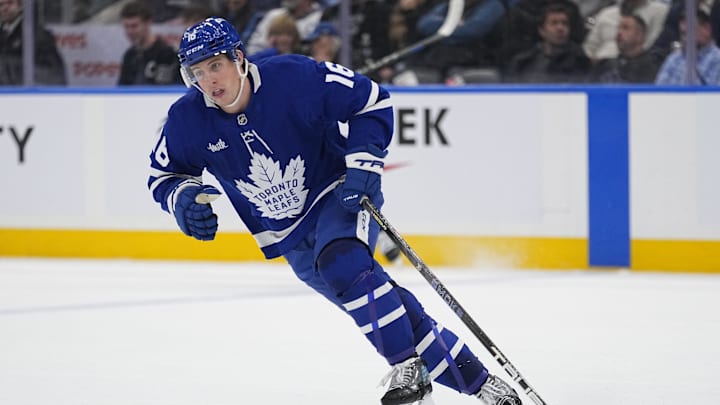 Apr 2, 2025; Toronto, Ontario, CAN; Toronto Maple Leafs forward Mitch Marner (16) skates against the Florida Panthers during the third period at Scotiabank Arena. Mandatory Credit: John E. Sokolowski-Imagn Images