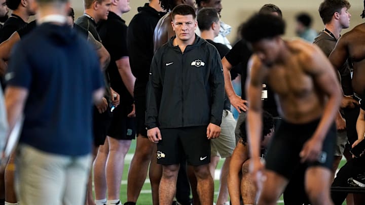 Vanderbilt quarterback Diego Pavia watches his teammates during football pro day at Vanderbilt University in Nashville, Tenn., Friday, March 20, 2026.