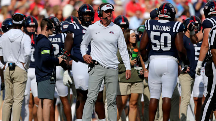Nov 8, 2025; Oxford, Mississippi, USA; Mississippi Rebels head coach Lane Kiffin looks on during a time out during the first quarter against The Citadel Bulldogs at Vaught-Hemingway Stadium. Mandatory Credit: Petre Thomas-Imagn Images