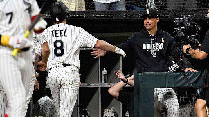 Chicago White Sox catcher Kyle Teel celebrates with manager Will Venable. Chicago White Sox catcher Kyle Teel celebrates with manager Will Venable.
