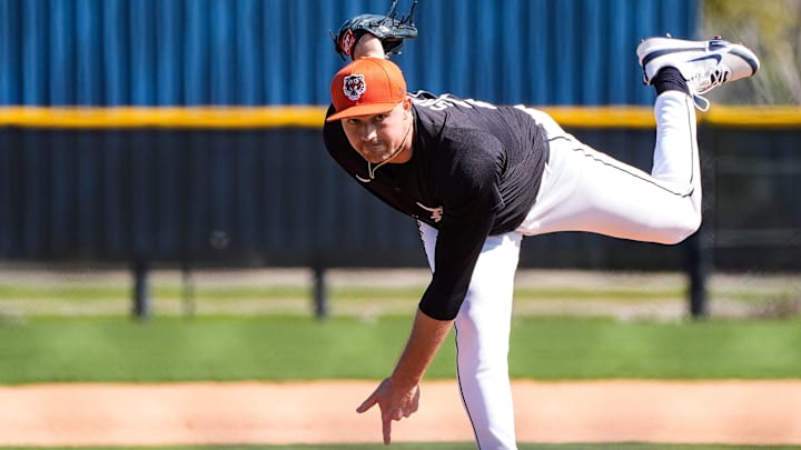 Detroit Tigers pitcher Tarik Skubal throws at batting practice during spring training at TigerTown in Lakeland, Fla. on Friday, Feb. 21, 2025.