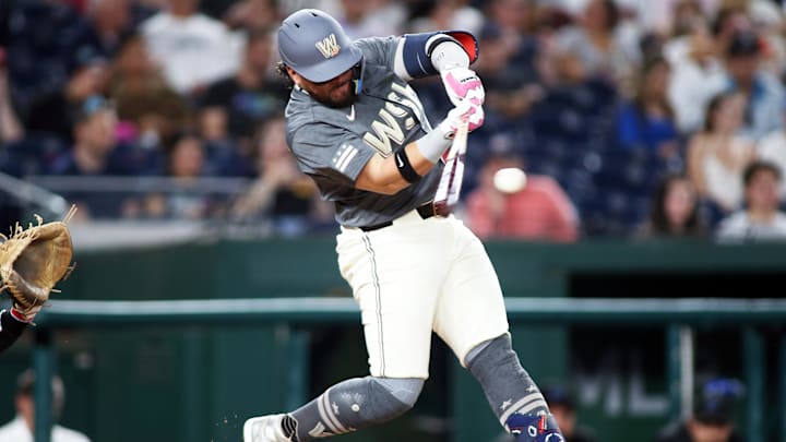 Sep 13, 2024; Washington, District of Columbia, USA; Washington Nationals third baseman Andres Chaparro (19) flies out during the third inning of a baseball game against the Miami Marlins at Nationals Park. 