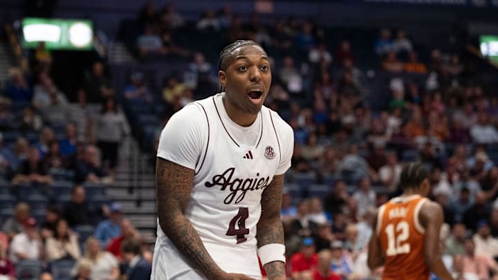 Texas A&M Aggies guard Wade Taylor IV (4) reacts during their second round game of the SEC Men's Basketball Tournament at Bridgestone Arena in Nashville, Tenn., Thursday, March 13, 2025. Texas A&M Aggies guard Wade Taylor IV (4) reacts during their second round game of the SEC Men's Basketball Tournament at Bridgestone Arena in Nashville, Tenn., Thursday, March 13, 2025.