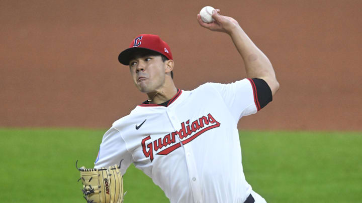 Sep 9, 2025; Cleveland, Ohio, USA; Cleveland Guardians starting pitcher Joey Cantillo (54) delivers a pitch in the fourth inning against the Kansas City Royals at Progressive Field. Mandatory Credit: David Richard-Imagn Images