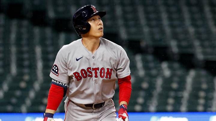May 4, 2026; Detroit, Michigan, USA;  Boston Red Sox left fielder Masataka Yoshida (7) hits a double in the seventh inning against the Detroit Tigers at Comerica Park. Mandatory Credit: Rick Osentoski-Imagn Images