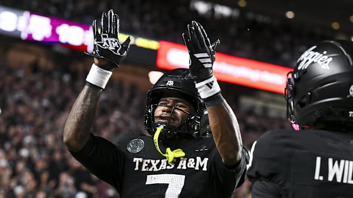 Texas A&M Aggies wide receiver KC Concepcion (7) reacts after scoring a touchdown during the third quarter against the Mississippi State Bulldogs at Kyle Field. 