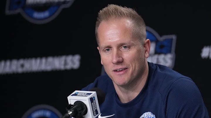 Mar 26, 2025; Newark, NJ, USA;  Brigham Young Cougars head coach Kevin Young talks to the media at the Prudential Center. Mandatory Credit: Robert Deutsch-Imagn Images