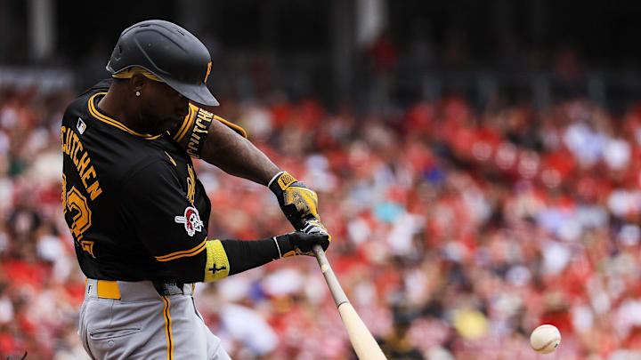 Sep 22, 2024; Cincinnati, Ohio, USA; Pittsburgh Pirates designated hitter Andrew McCutchen (22) hits a single in the fourth inning against the Cincinnati Reds at Great American Ball Park. Mandatory Credit: Katie Stratman-Imagn Images Sep 22, 2024; Cincinnati, Ohio, USA; Pittsburgh Pirates designated hitter Andrew McCutchen (22) hits a single in the fourth inning against the Cincinnati Reds at Great American Ball Park. Mandatory Credit: Katie Stratman-Imagn Images