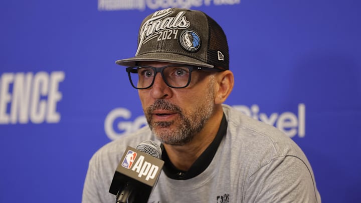 May 30, 2024; Minneapolis, Minnesota, USA; Dallas Mavericks head coach Jason Kidd at a press conference after winning the Western Conference Championship against the Minnesota Timberwolves in game five of the western conference finals for the 2024 NBA playoffs at Target Center. Mandatory Credit: Bruce Kluckhohn-Imagn Images