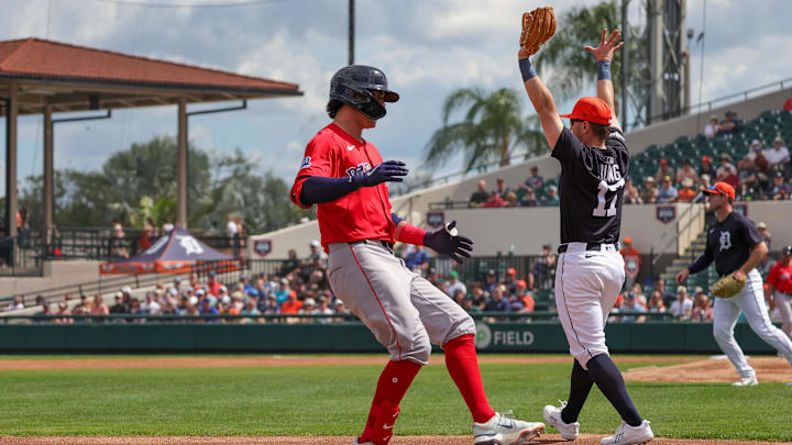 Feb 27, 2025; Lakeland, Florida, USA; Boston Red Sox third baseman Marcelo Mayer (39) stops at third during the first inning against the Detroit Tigers at Publix Field at Joker Marchant Stadium. Mandatory Credit: Mike Watters-Imagn Images Feb 27, 2025; Lakeland, Florida, USA; Boston Red Sox third baseman Marcelo Mayer (39) stops at third during the first inning against the Detroit Tigers at Publix Field at Joker Marchant Stadium. Mandatory Credit: Mike Watters-Imagn Images