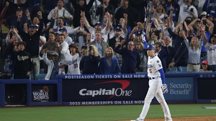 Oct 25, 2024; Los Angeles, California, USA; Los Angeles Dodgers first baseman Freddie Freeman (5) runs the bases after hitting a grand slam in the tenth inning against the New York Yankees during game one of the 2024 MLB World Series at Dodger Stadium. Mandatory Credit:  Jason Parkhurst-Imagn Images