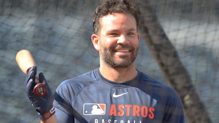 Jun 3, 2025; Pittsburgh, Pennsylvania, USA;  Houston Astros second baseman Jose Altuve (27) reacts in the batting cage before the game against the Pittsburgh Pirates at PNC Park. 