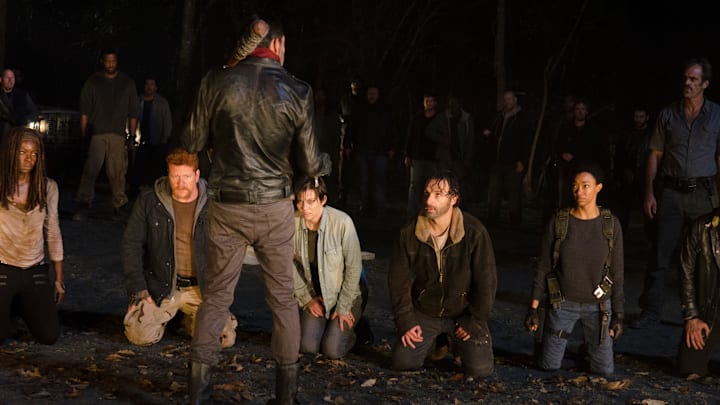 Danai Gurira as Michonne; Michael Cudlitz as Sgt Abraham Ford; Lauren Cohan as Maggie Greene; Andrew Lincoln as Rick Grimes; Sonequa Martin-Green as Sasha; Jeffrey Dean Morgan as Negan in The Walking Dead season 6