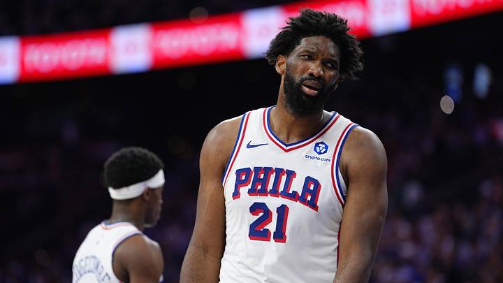May 10, 2026; Philadelphia, Pennsylvania, USA; Philadelphia 76ers center Joel Embiid (21) reacts against the New York Knicks in the second quarter during game four of the second round of the 2026 NBA Playoffs at Xfinity Mobile Arena. Mandatory Credit: Kyle Ross-Imagn Images May 10, 2026; Philadelphia, Pennsylvania, USA; Philadelphia 76ers center Joel Embiid (21) reacts against the New York Knicks in the second quarter during game four of the second round of the 2026 NBA Playoffs at Xfinity Mobile Arena. Mandatory Credit: Kyle Ross-Imagn Images
