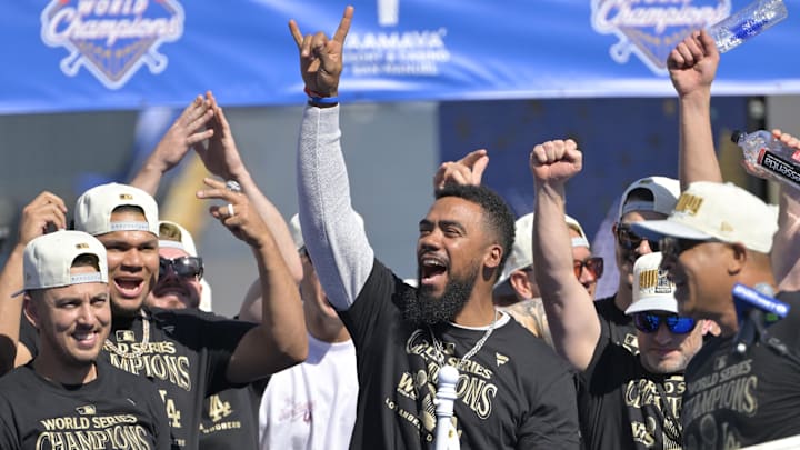 Nov 1, 2024; Los Angeles, CA, USA;  Los Angeles Dodgers left fielder Teoscar Hernandez (37) cheers during the World Series Championship Celebration at Dodger Stadium. Mandatory Credit: Jayne Kamin-Oncea-Imagn Images