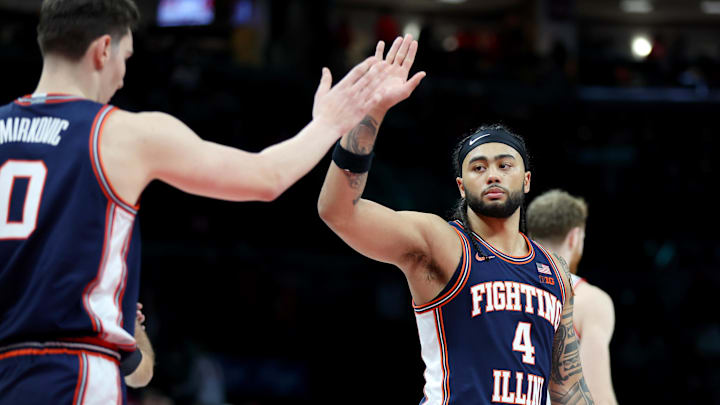 Dec 9, 2025; Columbus, Ohio, USA; Illinois Fighting Illini guard Kylan Boswell (4) celebrates as time winds down on the win against the Ohio State Buckeyes at Value City Arena. Mandatory Credit: Joseph Maiorana-Imagn Images Dec 9, 2025; Columbus, Ohio, USA; Illinois Fighting Illini guard Kylan Boswell (4) celebrates as time winds down on the win against the Ohio State Buckeyes at Value City Arena. Mandatory Credit: Joseph Maiorana-Imagn Images
