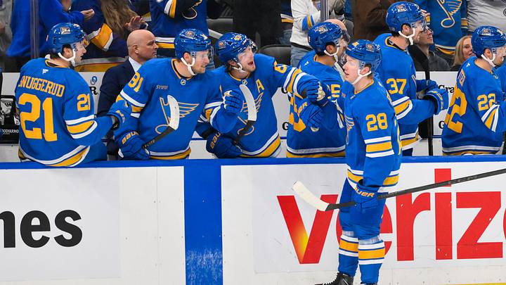 Mar 24, 2026; St. Louis, Missouri, USA; St. Louis Blues center Otto Stenberg (28) celebrates with left wing Jake Neighbours (63) left wing Dylan Holloway (81) and right wing Jimmy Snuggerud (21) after scoring against the Washington Capitals during the third period at Enterprise Center. Mandatory Credit: Jeff Curry-Imagn Images Mar 24, 2026; St. Louis, Missouri, USA; St. Louis Blues center Otto Stenberg (28) celebrates with left wing Jake Neighbours (63) left wing Dylan Holloway (81) and right wing Jimmy Snuggerud (21) after scoring against the Washington Capitals during the third period at Enterprise Center. Mandatory Credit: Jeff Curry-Imagn Images