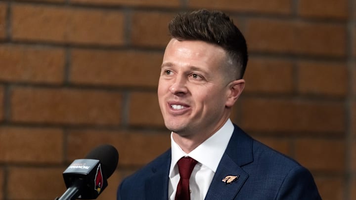 Feb 3, 2026; Tempe, AZ, USA; Arizona Cardinals head coach Mike LaFleur speaks to the media at the introductory press conference at the Cardinals training facility. Mandatory Credit: Mark J. Rebilas-Imagn Images