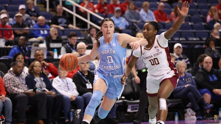 Mar 7, 2025; Greensboro, NC, USA;  North Carolina Tar Heels guard Lanie Grant (0) drives to the basket during the second quarter at First Horizon Coliseum. Mandatory Credit: Cory Knowlton-Imagn Images