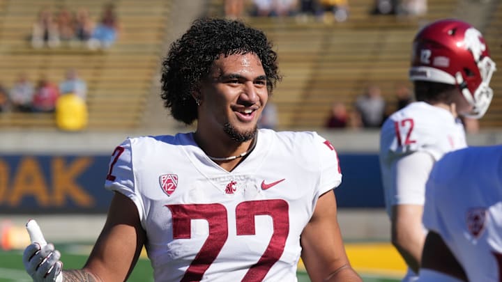 Nov 11, 2023; Berkeley, California, USA; Washington State Cougars running back Leo Pulalasi (22) before the game against the California Golden Bears at California Memorial Stadium. Mandatory Credit: Darren Yamashita-Imagn Images