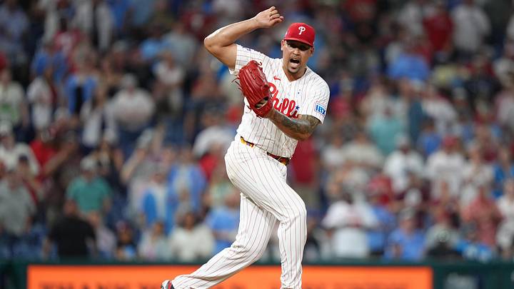 Jun 21, 2026; Philadelphia, Pennsylvania, USA; Philadelphia Phillies relief pitcher Jhoan Duran (59) reacts after throwing a strikeout for the final out against the New York Mets in the ninth inning at Citizens Bank Park. Jun 21, 2026; Philadelphia, Pennsylvania, USA; Philadelphia Phillies relief pitcher Jhoan Duran (59) reacts after throwing a strikeout for the final out against the New York Mets in the ninth inning at Citizens Bank Park.