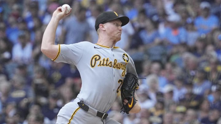 Aug 13, 2025; Milwaukee, Wisconsin, USA; Pittsburgh Pirates pitcher Mitch Keller (23) delivers a pitch against the Milwaukee Brewers in the first inning at American Family Field. Mandatory Credit: Michael McLoone-Imagn Images