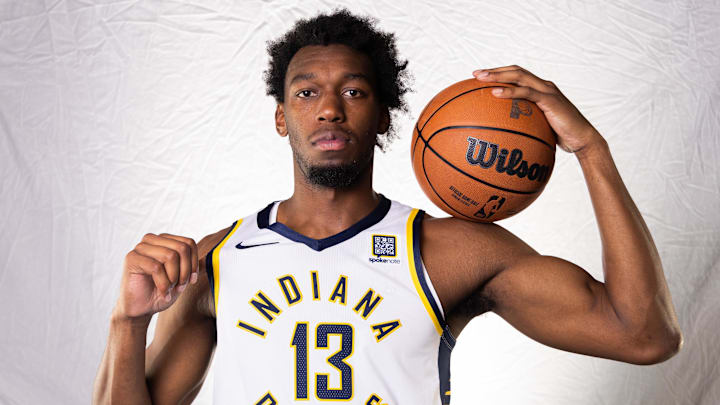 Sep 30, 2024; Indianapolis, IN, USA;  Indiana Pacers center James Wiseman (13) poses for a photo during 2024 Media day.  Mandatory Credit: Trevor Ruszkowski-Imagn Images