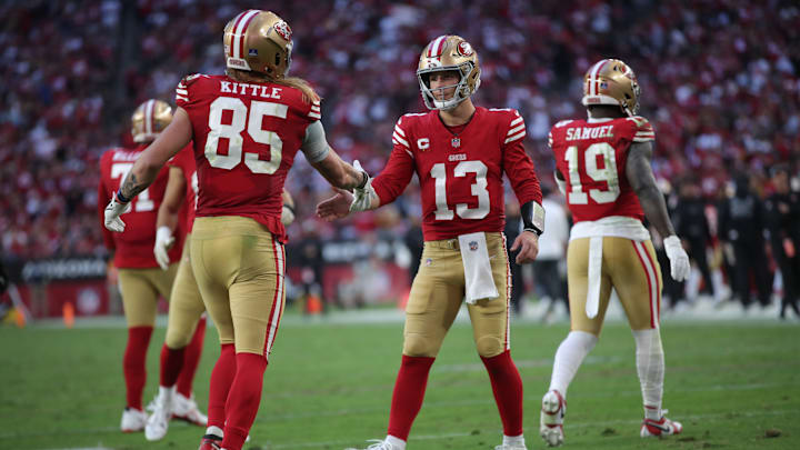 San Francisco 49ers tight end George Kittle (85) and quarterback Brock Purdy (13)
