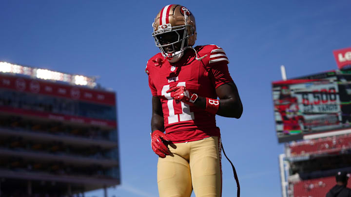 Oct 20, 2024; Santa Clara, California, USA; San Francisco 49ers wide receiver Brandon Aiyuk (11) walks on the field before the start of the game against the Kansas City Chiefs at Levi's Stadium. Mandatory Credit: Cary Edmondson-Imagn Images