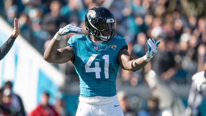 Dec 31, 2023; Jacksonville, Florida, USA; Jacksonville Jaguars linebacker Josh Allen (41) celebrates Dec 31, 2023; Jacksonville, Florida, USA; Jacksonville Jaguars linebacker Josh Allen (41) celebrates
