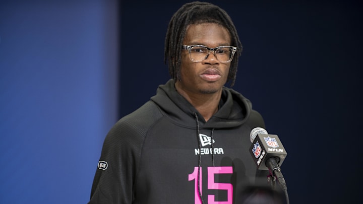 Feb 27, 2025; Indianapolis, IN, USA; Colorado defensive back Travis Hunter (DB15) during the 2025 NFL Combine at Lucas Oil Stadium. Mandatory Credit: Tanner Pearson-Imagn Images Feb 27, 2025; Indianapolis, IN, USA; Colorado defensive back Travis Hunter (DB15) during the 2025 NFL Combine at Lucas Oil Stadium. Mandatory Credit: Tanner Pearson-Imagn Images
