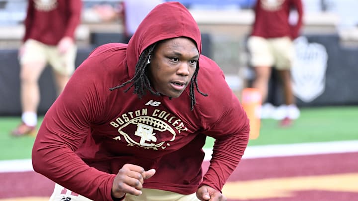 Boston College Eagles offensive lineman Jude Bowry (71) warms up before a game against the Fordham Rams at Alumni Stadium.
