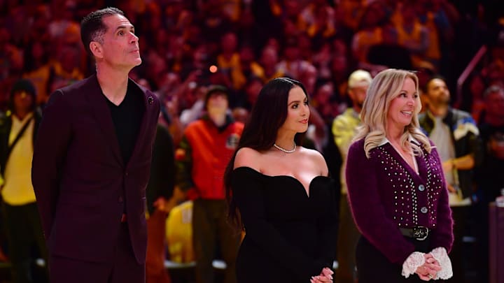 Mar 7, 2023; Los Angeles, California, USA; Los Angeles Lakers general manager Rob Pelinka, Vanessa Bryant and majority owner Jeanie Buss attend the jersey retirement of former player Pau Gasol during halftime at Crypto.com Arena. Mandatory Credit: Gary A. Vasquez-USA TODAY Sports